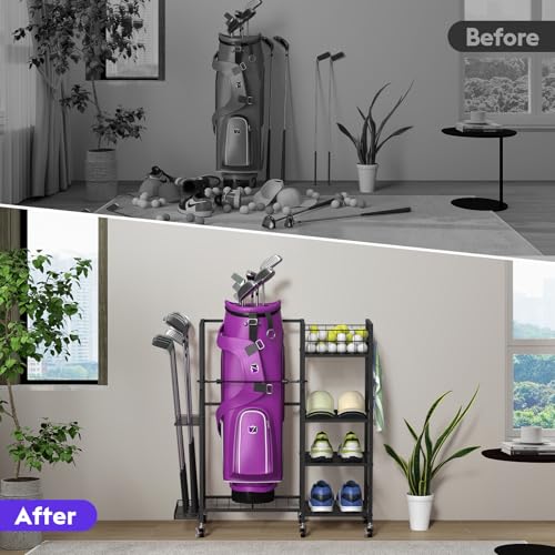 Golf Bag Stand Storage Rack with Wheels, Organizer for Golf Bags and Golf Equipment&Accessories,Ideal for Garage, Home, Golf Clubs