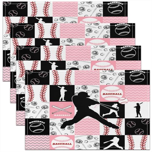 Castle Fairy Baseball Kids Placemats Set of 4,Abstract Athlete Silhouette Table Place Mats,Outdoor Sport Lover Kitchen Decor,Pink Black Red Placemat Kitchen Table Decoration 12"x18" - color: Pink Black Red