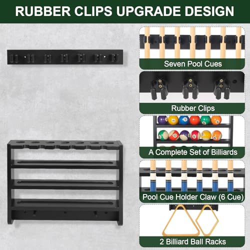 Pool Stick Holder - 7 Pool Cue Rack Wall Mount With Cue Rest and Ball holder, Wooden Pool Table Accessories Equipment Organizer, Billiard Cue Racks for Game Room Men Cave- Black - color: Black