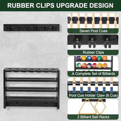 Pool Stick Holder - 7 Pool Cue Rack Wall Mount With Cue Rest and Ball holder, Wooden Pool Table Accessories Equipment Organizer, Billiard Cue Racks for Game Room Men Cave- Black - color: Black