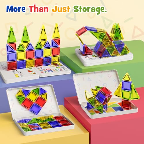 Mini Magnetic Tiles for Kids Travel - 40pcs STEM Building Blocks with Visual Storage Guide & Metal Box Play Base, Toddler Airplane Activities Toys for Ages 3-5,4-8, Compact Travel Toys - style: Glossy Surface Mini Magnetic Tiles - 40 PCS