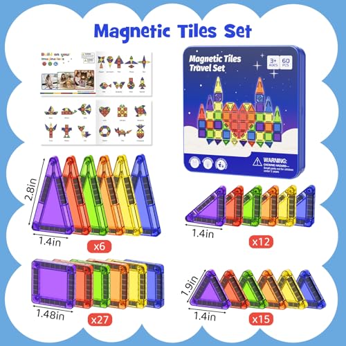 Mini Magnetic Tiles Travel Kit for Kids Ages 3-8, 60pcs Portable Magnetic Building Blocks with Visual Storage Guide & Metal Play Base, STEM Sensory Toys for Preschool Learning - style: Mini Magnetic Tiles Travel Construction Set - 60PCS