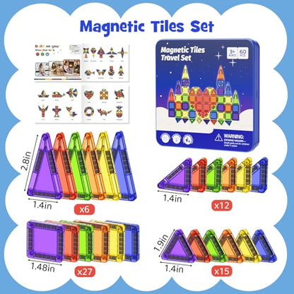Mini Magnetic Tiles Travel Kit for Kids Ages 3-8, 60pcs Portable Magnetic Building Blocks with Visual Storage Guide & Metal Play Base, STEM Sensory Toys for Preschool Learning - style: Mini Magnetic Tiles Travel Construction Set - 60PCS