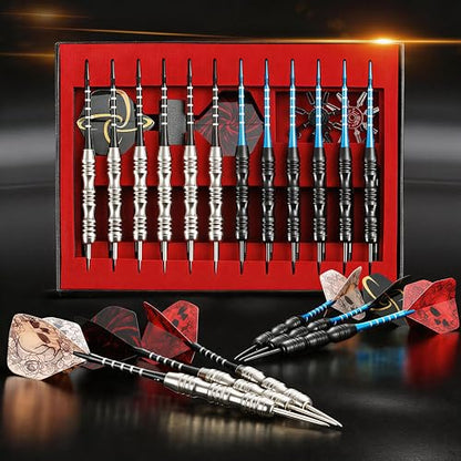 WINSDART Steel Tip Darts 12 Pack Set with Nonslip Iron Barrel Aluminum Dart Shafts and Flights Darts Sharpener an Gift Box - color: Black & Silver-Darts-A
