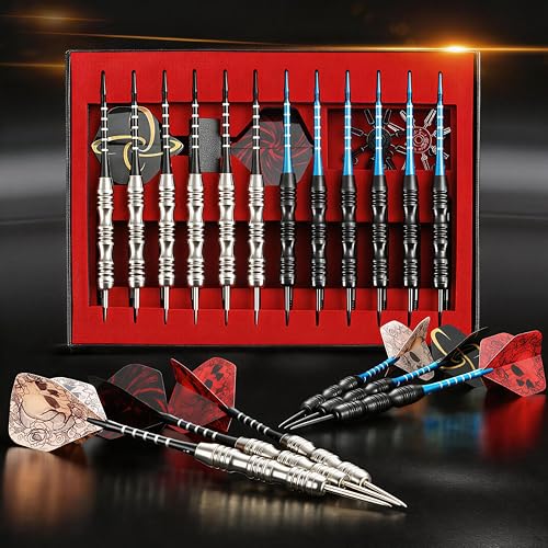 WINSDART Steel Tip Darts 12 Pack Set with Nonslip Iron Barrel Aluminum Dart Shafts and Flights Darts Sharpener an Gift Box - color: Black & Silver-Darts-A