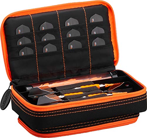 Casemaster Plazma Plus, 3 Dart Case for Soft and Steel Tip Darts Features Large Front Mobile Device Pocket, Built-in Storage Tube and Pockets for Flights, Tips, Shafts, and Personal Items - color: Orange Trim