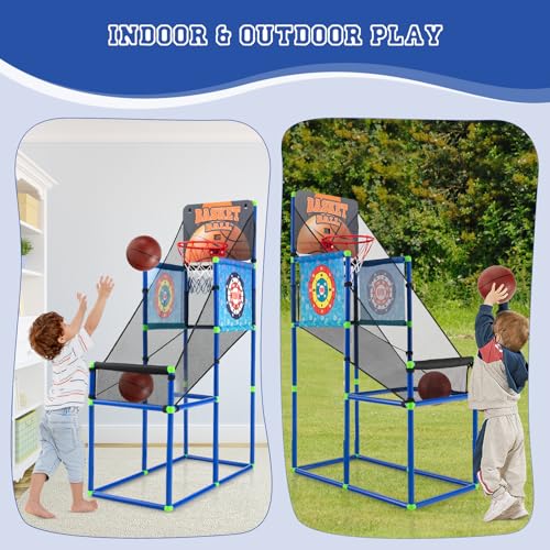 GLACER Kids Basketball Arcade Game, Indoor/Outdoor 2-in-1 PVC Hoop Set with Electronic Scoreboard & Sound, 8 Sticky Balls, 2 Basketballs, ASTM-Certified Basketball Game Toy for Ages 3+