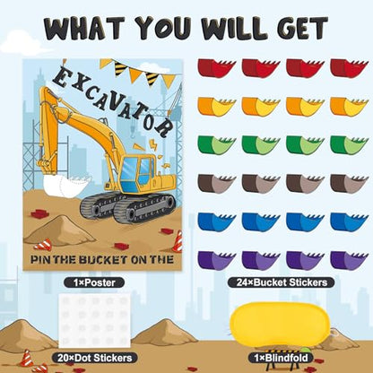 WERNNSAI Pin the Bucket on the Excavator Party Game - Construction Birthday Party Supplies for Boys Under Construction Theme Party Decorations Favors with 24 Pcs Stickers and Blindfold - style: Construction