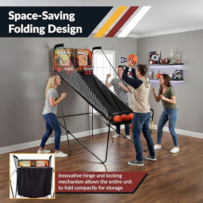 Hathaway Sure Shot 81-in Dual Basketball Arcade Game for Game Room - with LED Scoring, Foldable Indoor Basketball Game Design, Steel Frame, 8 Game Modes, Pump & Dual Hoops - Orange/Black Finish