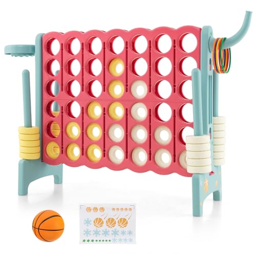 Costzon Giant 4-in-A-Row, Jumbo 4-to-Score Giant Game w/Basketball Hoop, Ring Toss, Quick-Release Slider, 42 Jumbo Rings, Indoor Outdoor Family Connect Game for Kids & Adults, Backyard Games - color: Red/Aqua