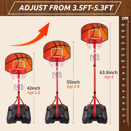 Kids Basketball Hoop for 1 2 3 4 5 6 Year Old Stand Adjustable Height 3.5ft-5.3ft Toddler Boy Basketball Hoop Indoor Mini Basketball Hoops Goal Ball Games Toys for Girl Boy Age 1-3 2-4 3-5