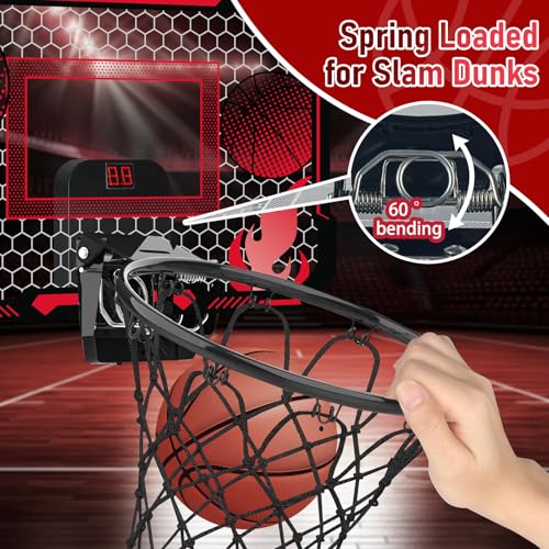 Indoor Basketball Hoop for Kids with Scoreboard Over the Door Basketball Hoop with 3 Balls Basketball Toys Gifts for 5 6 7 8 9 10 11 Years Old Boys Girls Mini Hoop for Bedroom and Birthday/Christmas - style: Red