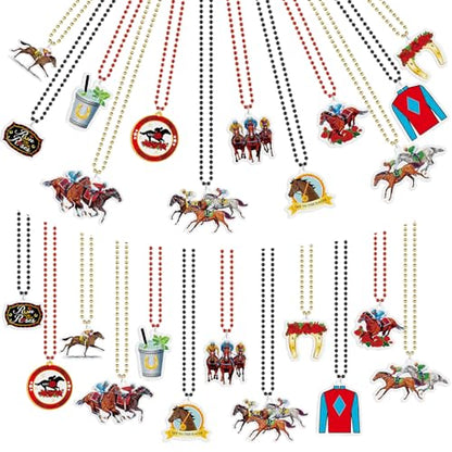 Landical 24 Pcs Horsing Racing Necklaces Festive Derby Bead Necklace Horse Long Pendant for Horsing Racing Derby Party Supplies Costume Accessories Outfit Gifts