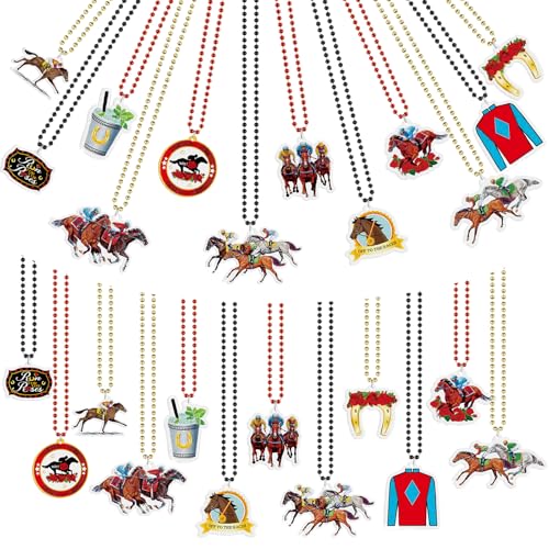 Landical 24 Pcs Horsing Racing Necklaces Festive Derby Bead Necklace Horse Long Pendant for Horsing Racing Derby Party Supplies Costume Accessories Outfit Gifts