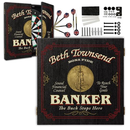 Personalized Dart Board Cabinet Set with 6 Steel Tip Darts, Paper Fibre Dartboard, Chalk & Eraser (21.5 x 21.5 x 2.75") - Occupational Man Cave Dart Boards for Adults - Banker (422) - style: Banker Dartboard & Cabinet Set