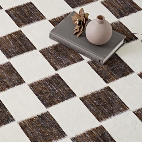 EVERGRACE Checkered Plaid Area Rug 2x8, Soft Fuzzy Faux Wool Rugs Washable Anti Slip Rugs Long Runner Rug Carpet for Entryway Bedroom Living Room Hallway Kitchen Dining Room and Laundry, Dark Brown - color: Dark Brown, size: 2' x 8' (Runner)