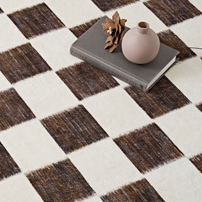 EVERGRACE Checkered Plaid Area Rug 2x8, Soft Fuzzy Faux Wool Rugs Washable Anti Slip Rugs Long Runner Rug Carpet for Entryway Bedroom Living Room Hallway Kitchen Dining Room and Laundry, Dark Brown - color: Dark Brown, size: 2' x 8' (Runner)