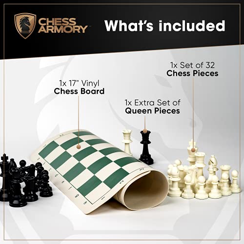 Chess Armory Roll Up Chess Set - 17" On-The-go Travel Chess Set - Vinyl Roll Up Portable Chess Board & 2 Extra Queens - Light and Mobile Chess Set - Play Chess Anywhere, Anytime! - size: 17" Vinyl