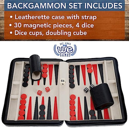 WE Games Magnetic Premium Backgammon Board Game Set, Black Travel Sized Backgammon Game, Classic Strategy Game for Families, Includes Carrying Leatherette Case Magnetic Chips, Durable Design