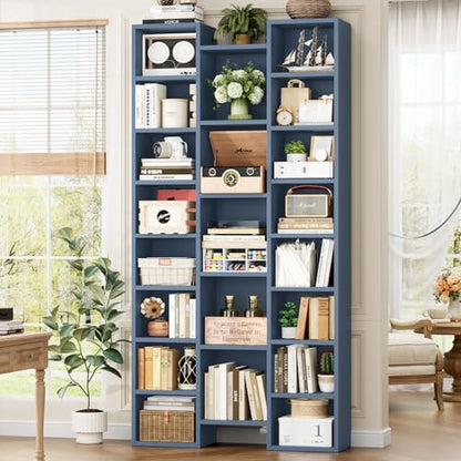 FOTOSOK 71'' Tall Bookshelf with 21 Cubes, 8 Tier Triple Wide Bookshelf with 8 Adjustable Shelves, 35" Large Bookcase DVD/CD Media Tower Storage, Freestanding Display Shelf Cabinet, Blue - color: Blue