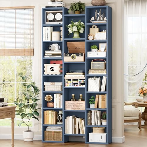 FOTOSOK 71'' Tall Bookshelf with 21 Cubes, 8 Tier Triple Wide Bookshelf with 8 Adjustable Shelves, 35" Large Bookcase DVD/CD Media Tower Storage, Freestanding Display Shelf Cabinet, Blue - color: Blue
