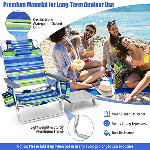 Tangkula Backpack Beach Chair with Table, 5-Position Lay Flat Beach Chairs with Cooler Bag, 2 Cup Holders, Towel Bar, Lightweight Low Folding Beach Chair with Backpack Straps - color: Blue, style: 2 Pack with Table