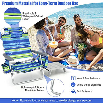 Tangkula Backpack Beach Chair with Table, 5-Position Lay Flat Beach Chairs with Cooler Bag, 2 Cup Holders, Towel Bar, Lightweight Low Folding Beach Chair with Backpack Straps - color: Blue, style: 2 Pack with Table