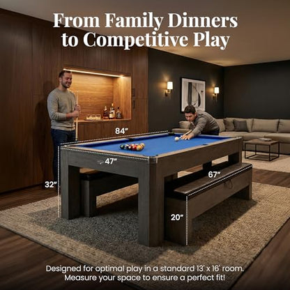 Hathaway Newport 7 Foot Pool Table Combo – 3 in 1 Game Table with Reversable Table Tennis Top & Dining Top – Includes Game Accessories & Two Benches – Chrome Accents, Rustic Gray Finish, Blue Felt
