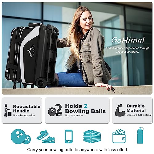 GoHimal Double Roller Bowling Bag, Shoe Compartment, Upgraded Fabric | Fits US men's size 15 shoes,multi pockets,retractable handle extends to 40",smooth-rolling wheels,lightweight design - color: Black
