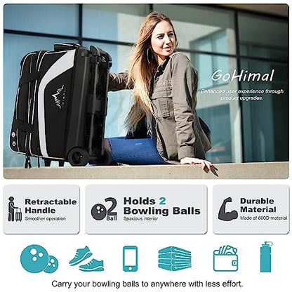 GoHimal Double Roller Bowling Bag, Shoe Compartment, Upgraded Fabric | Fits US men's size 15 shoes,multi pockets,retractable handle extends to 40",smooth-rolling wheels,lightweight design - color: Black