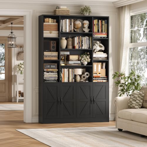 HOSTACK 72” Tall Book Shelf and Bookcase, White Bookshelf with Storage Cabinet, 45” Wide Bookcase with 4 doors, Standing Display Shelves, Modern Farmhouse Book Case for Living Room, Home Office, Black - color: Black