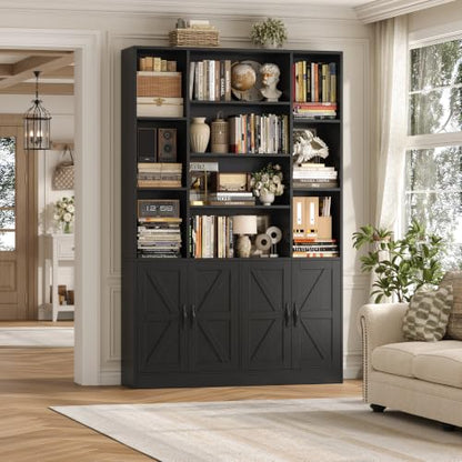 HOSTACK 72” Tall Book Shelf and Bookcase, White Bookshelf with Storage Cabinet, 45” Wide Bookcase with 4 doors, Standing Display Shelves, Modern Farmhouse Book Case for Living Room, Home Office, Black - color: Black
