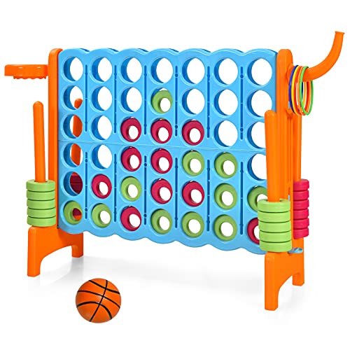 Costzon Giant 4-in-A-Row, Jumbo 4-to-Score Giant Game w/Basketball Hoop, Ring Toss, Quick-Release Slider, 42 Jumbo Rings, Indoor Outdoor Family Connect Game for Kids & Adults, Backyard Games, Orange - color: Baby Blue/Orange