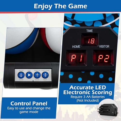 GYMAX Arcade Basketball Game Indoor Foldable with 8 Game Modes, Arcade Sound, 4 Balls and Inflation Pump, Electronic Basketball Games for Home - color: Red+blue