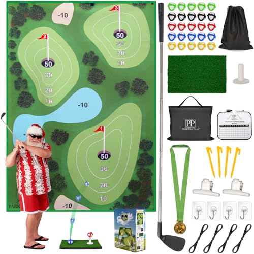 Golf Chipping Mat with Adjustable Golf Club - 48 Piece Outdoor Indoor Golf Game for 1-5 Players - Giant Turf Hitting Mat with Tee, 25 Sticky Balls, Travel Bag Included - Golf Gift for Teens & Adults - style: MAT SET
