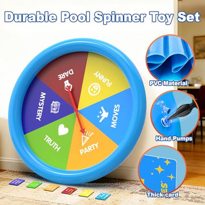 Inflatable Pool Party Game Table with Waterproof Silly Challenge Cards & Spinner, Floating Pool Game Toys for Teens Adults Family, Summer Pool Accessories for Backyard Beach Party