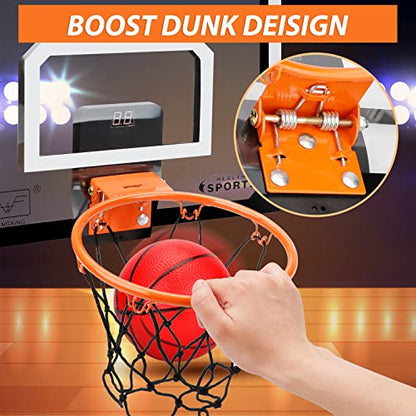 Larger Indoor Basketball Hoop with 9" Large Dunk Rim for Kids and Adults, Over The Door Basketball Hoop for Bedroom with 3 Rubber Small 6" Basketball Sport Toy Gifts - style: Socreboard