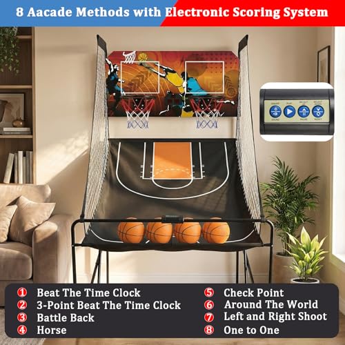 Foldable Dual Shot Basketball Arcade Game for Game Room | Folding 2 Player Indoor Basketball Shooting Game with 4 Balls, Dual Hoops, Inflation Pump, Electronic Scoreboard, 8 Game Modes