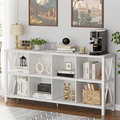 FATORRI 8 Cube Storage Organizer Bookshelf, 62 Inch Rustic Wood Horizontal Bookcase, Industrial Cube Long Book Shelf for Living Room (White Oak) - color: White Oak