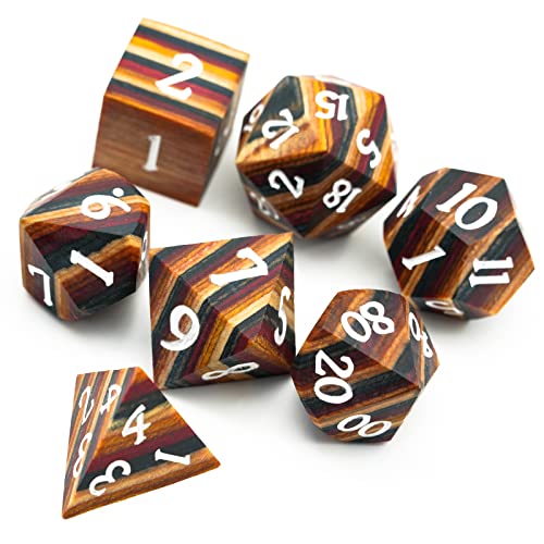 DND Dice Set 7PCS Wood Polyhedral Dice Set D&D with Metal Box for RPG Role Playing Tabletop Games (Yellow Striped) - color: Yellow Striped