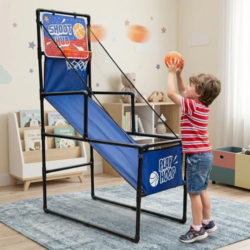 Single Shot Indoor Basketball Arcade Game, Foldable Basketball Hoop Stand with 2 Mini Balls & Pump for Family Indoor Play