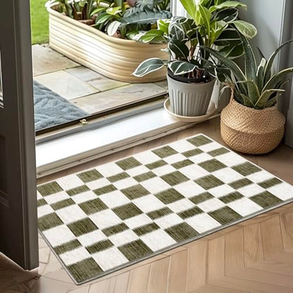 EVERGRACE Checkered Plaid Area Rug 2x3, Soft Fuzzy Faux Wool Rugs Washable Anti Slip Rugs Small Rug Carpet for Entryway Bedroom Living Room Hallway Kitchen Dining Room and Laundry Room, Olive Green - color: Olive Green, size: 2' x 3' (Rectangular)