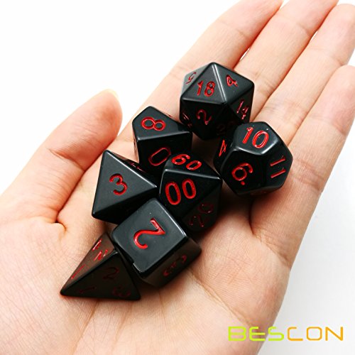 Bescon Polyhedral Dice Set Opaque Black with Red Numbers, Black RPG Dice Set of 7 d4 d6 d8 d10 d12 d20 d% Brick Box Pack - color: Opaque Black W/Red Numbers