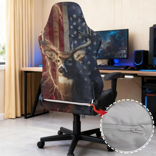 Suobstales Deer Lightning American Flag Pattern Gaming Chair Cover Washable Gaming Chair Slipcovers with Armrest Covers, Stretchable Universal Fit Ergonomic Office Desk & Racing Computer Gamer Chairs - color: Deer Lightning American Flag