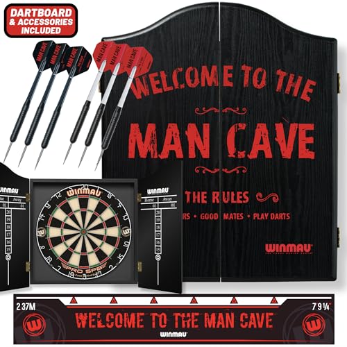 WINMAU Man Cave Complete Dartboard Cabinet Set - Pro-SFB Bristle Dartboard, 2 Sets Steel Tip Darts, Oche Strip & Scorecard, Home Games Room Darts Setup, Black