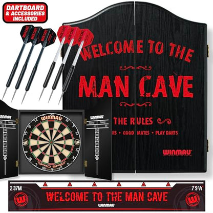 WINMAU Man Cave Complete Dartboard Cabinet Set - Pro-SFB Bristle Dartboard, 2 Sets Steel Tip Darts, Oche Strip & Scorecard, Home Games Room Darts Setup, Black