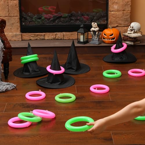 Leitee 25 Pcs Witch Hat Ring Toss Games Set Halloween Party Favors Pink and Green Party Decorations 5 Black Oxford Fabric Wizard Hats with 20 Inflatable Rings for Girls Women Birthday Movie