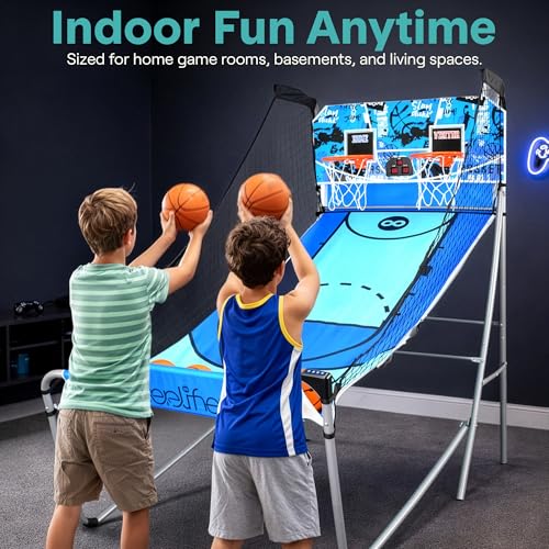 Heavy Duty Dual Hoop Basketball Shootout Indoor Home Arcade Room Game with Double Basket Ball Shot Scoreboard and Play Timer Fold-up for Kids and Adults Player with Pre-Assembled Frame