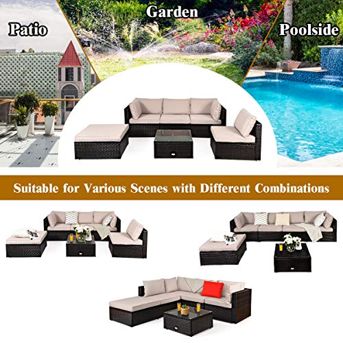Tangkula 6 Piece Patio Furniture Set, Outdoor Deck Lawn Backyard Durable Steel Frame PE Rattan Wicker Sectional Sofa Set, Conversation Set with Coffee Table (Beige) - color: Beige, size: 6 Pieces