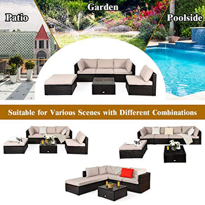 Tangkula 6 Piece Patio Furniture Set, Outdoor Deck Lawn Backyard Durable Steel Frame PE Rattan Wicker Sectional Sofa Set, Conversation Set with Coffee Table (Beige) - color: Beige, size: 6 Pieces
